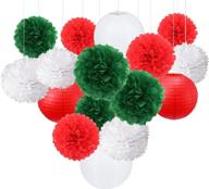 hanging party decorations set: 16pcs red green white paper flowers pom poms balls and paper lanterns – perfect for wedding, birthday, bridal, baby shower, graduation! логотип