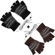 stay cozy with [2 pack] usb heated gloves: unisex mitten style, usb 2.0 powered stripes heating, knitting wool material, fingerless design, washable, perfect gift - brown + black logo