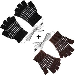 img 4 attached to Stay Cozy with [2 Pack] USB Heated Gloves: Unisex Mitten Style, USB 2.0 Powered Stripes Heating, Knitting Wool Material, Fingerless Design, Washable, Perfect Gift - Brown + Black