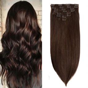 img 4 attached to 18-inch Dark Brown Clip-In Hair Extensions - Double Weft Brazilian Straight Virgin Hair, Soft and Silky Full Head Hair Extensions for Women - Grade 8A, 120g, 8pcs with 20 Clips