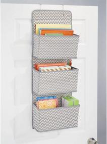 img 2 attached to 📚 mDesign Fabric Wall Mount/Over Door Hanging Organizer - 3 Large Pockets - Ideal for Office Supplies, Planners, File Folders, Notebooks - Chevron Zig-Zag Print, 2 Pack - Gray/Cream