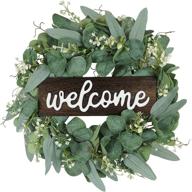 eucalyptus welcome wreaths for front door, artificial green wreath with wooden welcome sign, rustic porch farmhouse door decor for spring and summer, indoor & outdoor hanging signs – home decoration логотип