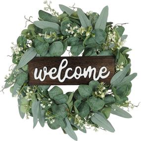 img 4 attached to Eucalyptus Welcome Wreaths for Front Door, Artificial Green Wreath with Wooden Welcome Sign, Rustic Porch Farmhouse Door Decor for Spring and Summer, Indoor & Outdoor Hanging Signs – Home Decoration