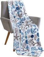 🌊 soft plush velvet fleece throw blanket: decorative ocean life design in hues of blue grey on white accent - ideal for couch or bed, colored: blue gray taupe white logo