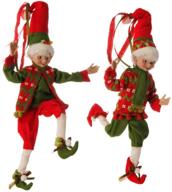cheerful elves christmas decorations: red and green posable elf set, 16 inch logo