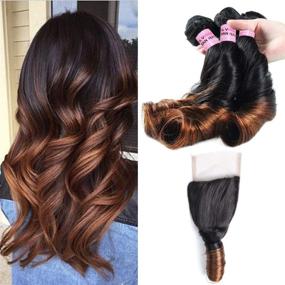 img 4 attached to 💁 Ali Funmi Brazilian Ombre Spring Curl Hair Bundles with Closure (12 14 16 +12inch) - Unprocessed Virgin Human Hair Bundles with 4x4 Free Part Lace Closure - T1B/T4 Color