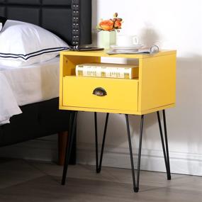 img 3 attached to 🌙 VECELO Set of 2 Nightstand, Industrial End Side Table with Drawer and Shelf, Bedroom and Living Room Night Stand for Small Spaces, Sturdy Metal Frame, Yellow, 2 Pack