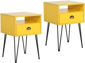 img 4 attached to 🌙 VECELO Set of 2 Nightstand, Industrial End Side Table with Drawer and Shelf, Bedroom and Living Room Night Stand for Small Spaces, Sturdy Metal Frame, Yellow, 2 Pack