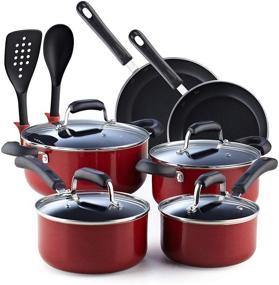 img 4 attached to Stay Cool Handle Pattern 12-Piece Nonstick Cookware Set, Marble Red by Cook N Home 2601