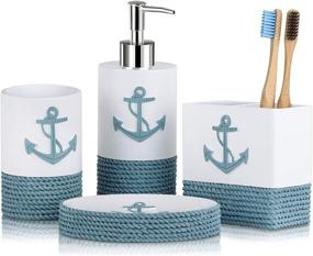 img 4 attached to 🌊 Tide and Tales Nautical Bathroom Decor: 4-Piece Set with Rope and Anchor Theme, Coastal Ocean and Sea-Inspired Accessories, Soap Dispenser Set for Beach Bathroom Decor