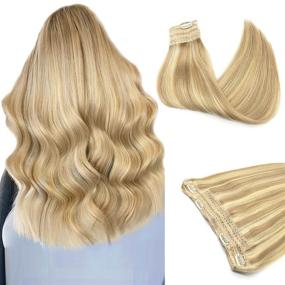 img 4 attached to Halo Hair Extensions: Real Human Hair, Straight Light Blonde with Golden Blonde Highlights - Remy Hair, Secret Extensions 14 inch 70g