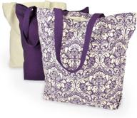 🛍️ dii set of 3 heavy duty canvas reusable shopping tote bags - 100% cotton, machine washable - natural and eggplant damask логотип