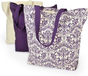 img 4 attached to 🛍️ DII Set of 3 Heavy Duty Canvas Reusable Shopping Tote Bags - 100% Cotton, Machine Washable - Natural and Eggplant Damask