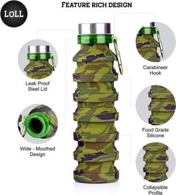 img 2 attached to 🌿 Collapsible Water Bottle: Foldable, Reusable, Leak Proof - Camo 18oz - BPA Free, Silicone, Wide Mouth Metal Cap - Lightweight and Portable for Outdoor Travel, Sports, Camping, Running, Gym - With Carabiner