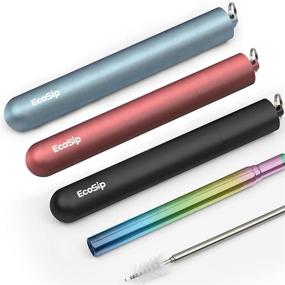 img 4 attached to 🌈 EcoSip Collapsible Telescopic Straw: Metal Stainless Steel Reusable with Cleaning Brush, Key Ring Hard Case, Silicone Tip - New Rainbow 3Pack