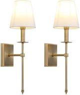 set of 2 industrial wall sconce lighting fixtures with flared white 🏭 textile lamp shades and antique brass tapered column stands - classic rustic design логотип