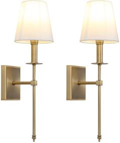 img 4 attached to Set of 2 Industrial Wall Sconce Lighting Fixtures with Flared White 🏭 Textile Lamp Shades and Antique Brass Tapered Column Stands - Classic Rustic Design