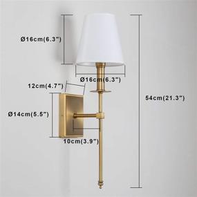 img 3 attached to Set of 2 Industrial Wall Sconce Lighting Fixtures with Flared White 🏭 Textile Lamp Shades and Antique Brass Tapered Column Stands - Classic Rustic Design