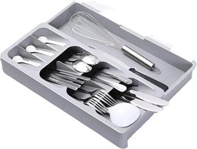 img 4 attached to 🍴 Maximize Your Kitchen Space: Expandable Flatware Drawer Organizer for Knife & Fork Tray, Silverware Storage and Utensil Holder in Gray