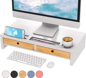 img 4 attached to Monitor Riser Stand Desk Shelf - With Drawer Keyboard Storage Stylish White 22&#34