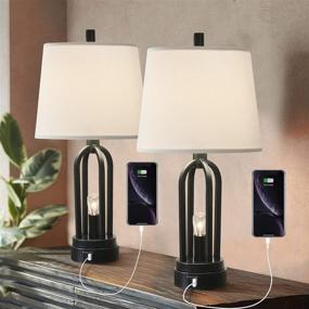img 2 attached to 🏡 Set of 2 Industrial Table Lamps with Dual USB Ports - Farmhouse Bedside Nightlight for Bedroom, Rustic Nightstand Lamp with Open Column for Living Room, Reading, Study, Office (Black)