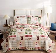 king size red green christmas quilt set - xmas plaid patchwork bedding, lightweight bedspread coverlet with snowman, holiday bed sheet gift for kids, girls, adults – includes 1 quilt, 2 pillow shams in beige logo