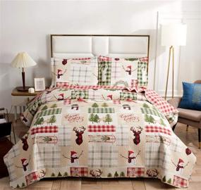 img 4 attached to King Size Red Green Christmas Quilt Set - Xmas Plaid Patchwork Bedding, Lightweight Bedspread Coverlet with Snowman, Holiday Bed Sheet Gift for Kids, Girls, Adults – Includes 1 Quilt, 2 Pillow Shams in Beige