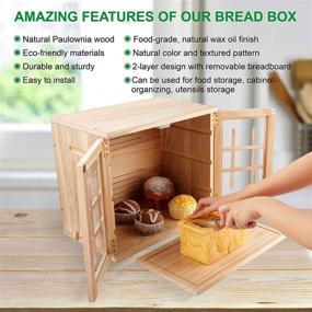 img 2 attached to bingaai Bread Box: 2-Layer Large Paulownia Wood Bread Container with Removable Breadboard – Premium Farmhouse Bread Box for Kitchen Countertop