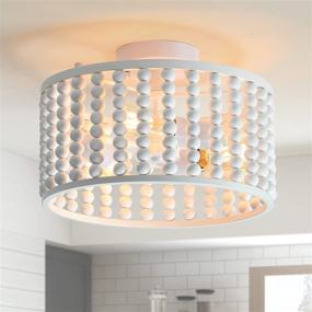 img 4 attached to 🔆 Tewei Wooden Beaded Chandelier - Farmhouse Boho Light Fixture, Semi Flush Mount Ceiling Light with 3 Lights, E26 Base - Kitchen, Living Room, Dining Room Oak White Farmhouse Light Fixture