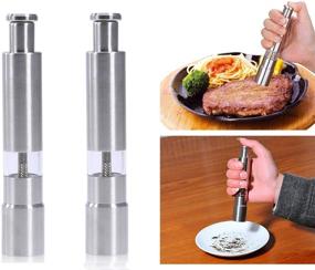 img 3 attached to Stainless Steel Push Button Salt and Pepper Grinder Set - Modern Design Thumb Grinder for Black Pepper, Sea Salt, Himalayan Salt and Spices