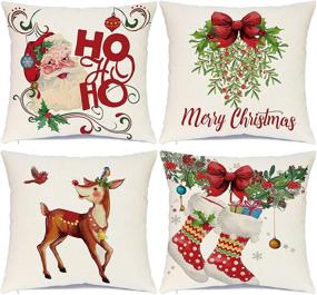 img 4 attached to 🎄 Vintage Farmhouse Christmas Decor Pillow Covers - Set of 4, 18 x 18 Inches, Square Linen Cushion Cases for Winter Holiday Home Decoration