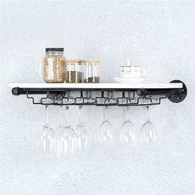 img 4 attached to Hanging Stemware Racks - Industrial Pipe Shelving Wine Rack with 5 Glass Holder, Rustic Wall Mounted Steampunk Iron Floating Bar Shelves Stemware Holder, 24in Metal Real Wood Shelf Wall Shelf