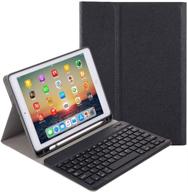 optimized wireless bluetooth keyboard case with pencil holder for ipad 8th/7th generation 10.2 inch - slim folio cover (black) logo