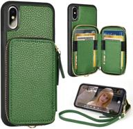 📱 zve iphone xs wallet case, dark green, 5.8 inch, zipper handbag purse wrist strap case with credit card holder slot for apple iphone x/xs logo