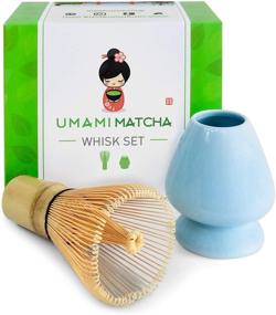 img 4 attached to Комплект для взбивания умами-чая "Umami Matcha Whisk Set" - премиальный матча-венчик из бамбука (Chasen) и держатель из голубой керамики для венчика - 100 прутьевый венчик для матча-чая и подставка - настоящий церемониальный набор для матча-чая - полноценный стартовый комплект для японской чайной церемонии.