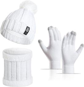 img 4 attached to 🧣 3 in 1 Pom Beanie Hat Scarf Gloves Set with Thick Lining for Womens and Girls