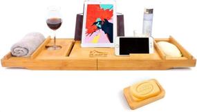 img 4 attached to 🛀 Bamboo Bathtub Caddy Tray with Book and Wine Holder, Soap Dish, Phone Slot - Luxury Bath Table for Any Tub - Perfect Bath Gift for Women (Original, 29.3-42.5″ x 9″)