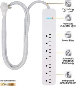 img 3 attached to 🔌 GE UltraPro 7-Outlet Surge Protector: Designer Braided Extension Cord, 6 Ft, 1080 Joules, UL Listed, White (41353) - Efficient Wall-Mounted Protection