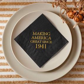 img 2 attached to 🎉 Crisky 80th Birthday Disposable Napkins - Black and Gold Dessert Beverage Cocktail Cake Napkins - 80th Birthday Decoration Party Supplies for Men - Celebrating Greatness since 1941 - Pack of 50, Folded 4.9"x4.9"