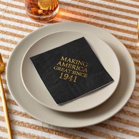 img 1 attached to 🎉 Crisky 80th Birthday Disposable Napkins - Black and Gold Dessert Beverage Cocktail Cake Napkins - 80th Birthday Decoration Party Supplies for Men - Celebrating Greatness since 1941 - Pack of 50, Folded 4.9"x4.9"