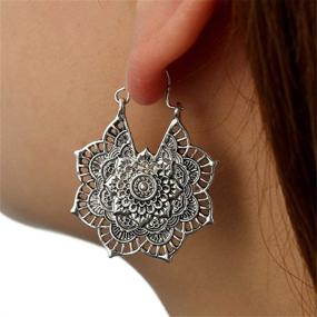 img 2 attached to 🌸 Bohemian Vintage Lotus Flower Tribal Hoop Earrings - SMALLLOVE Mandala Dangle Earrings for Women Girl, Gypsy Hammered Antique Silver, Floral Pendant, Hollow Design