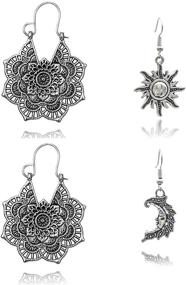 img 4 attached to 🌸 Bohemian Vintage Lotus Flower Tribal Hoop Earrings - SMALLLOVE Mandala Dangle Earrings for Women Girl, Gypsy Hammered Antique Silver, Floral Pendant, Hollow Design