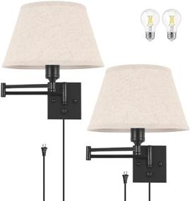 img 4 attached to Durable and Adjustable TRLIFE Dimmable Wall Sconce Set - 2 Swing Arm Wall 🔆 Lights with Cord, Rotary Switch, and Large Beige Lampshade for Beautiful Lighting (Includes LED Bulbs)