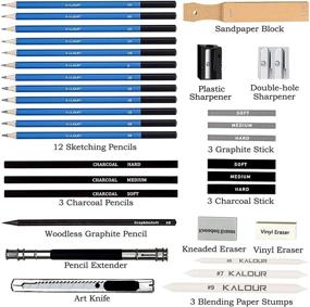 img 3 attached to 🖌️ Kalour Профессиональный Набор Чертежных и Эскизных Карандашей - 33 предмета в переносном молнией закрывающемся чехле, включая карандаши с углем, эскизные карандаши и угольный стержень. Идеальный комплект для рисования для художников и начинающих.