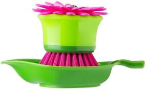 img 3 attached to 🌸 Vigar Flower Power Pink Palm Dish Brush with Holder - 5.75 x 3.75 Inches - Pink and Green