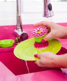 img 1 attached to 🌸 Vigar Flower Power Pink Palm Dish Brush with Holder - 5.75 x 3.75 Inches - Pink and Green