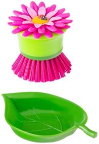 img 2 attached to 🌸 Vigar Flower Power Pink Palm Dish Brush with Holder - 5.75 x 3.75 Inches - Pink and Green