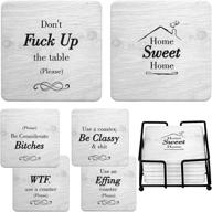 😂 hilarious drink coasters with holder - 6 piece novelty gift set for friends, men, women - funny sayings - perfect for housewarming, birthdays, living room decor, white elephant, holiday parties logo