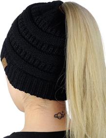 img 2 attached to 🎀 Messy High Bun Ponytail Beanie Hat - Soft Stretch Cable Knit C.C BeanieTail