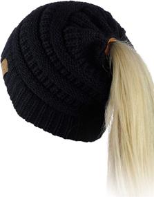 img 4 attached to 🎀 Messy High Bun Ponytail Beanie Hat - Soft Stretch Cable Knit C.C BeanieTail